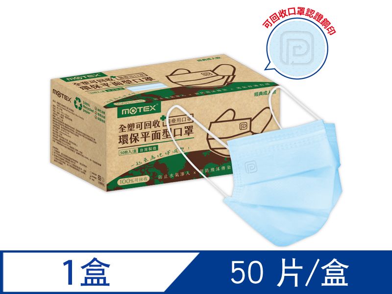 摩戴舒 醫療用口罩 (未滅菌)-可回收平面環保口罩(50片/盒)-天空藍