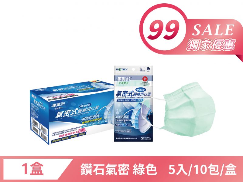 【母親節優惠】鑽石型氣密式口罩(5片/包,10包/盒)-綠色 (到期日2026/1)